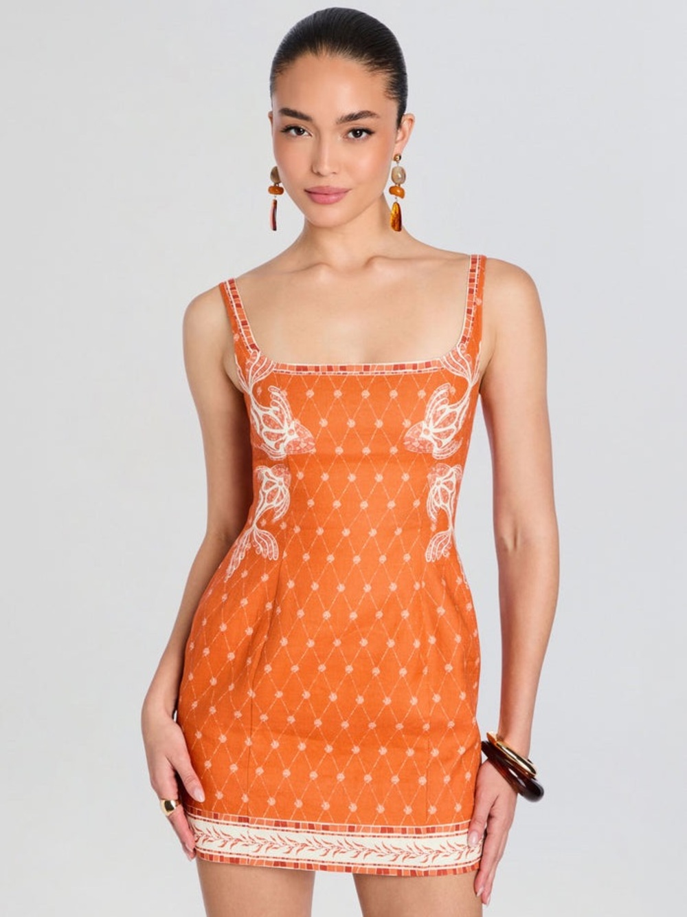 Shani Shemer Jordan Linen Mini Dress Orange Mosaic
